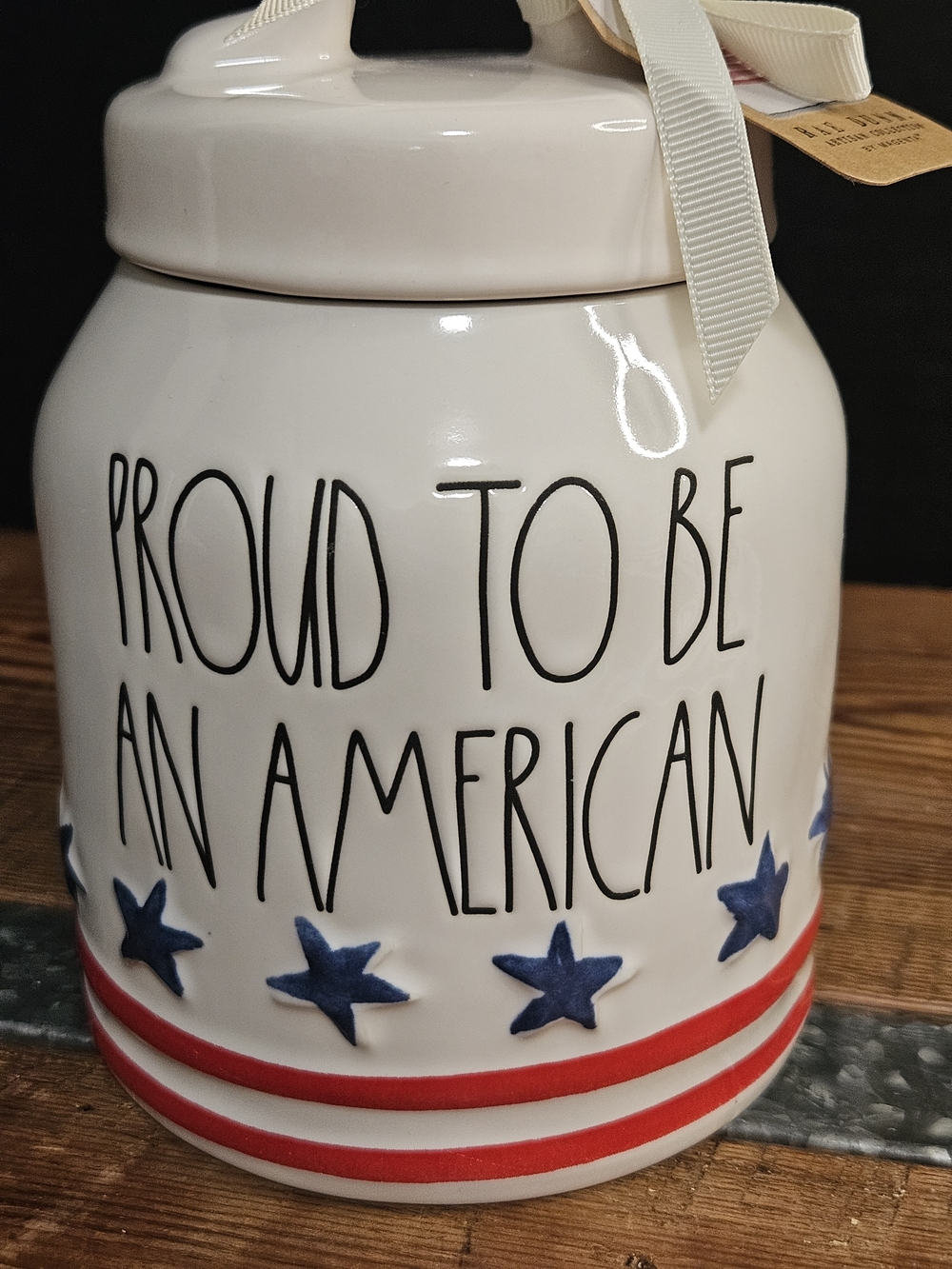 Rae Dunn Patriotic Ceramic Jar - "Proud to Be an American"
